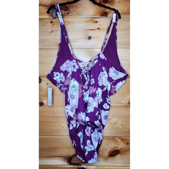 Plus Sz Freshwater Purple Floral Surplice Cross Lace Back One-Piece Swimsuit 3X - Picture 3 of 13